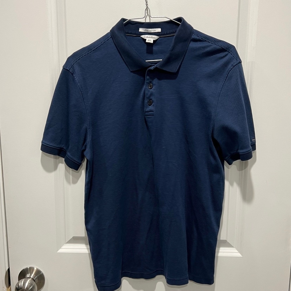 Calvin Klein Mens Polo Shirt Liquid Cotton Striped Navy Blue Size S